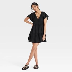 Universal Thread Black flutter sleeve linen blend Mini skater Dress small tiered